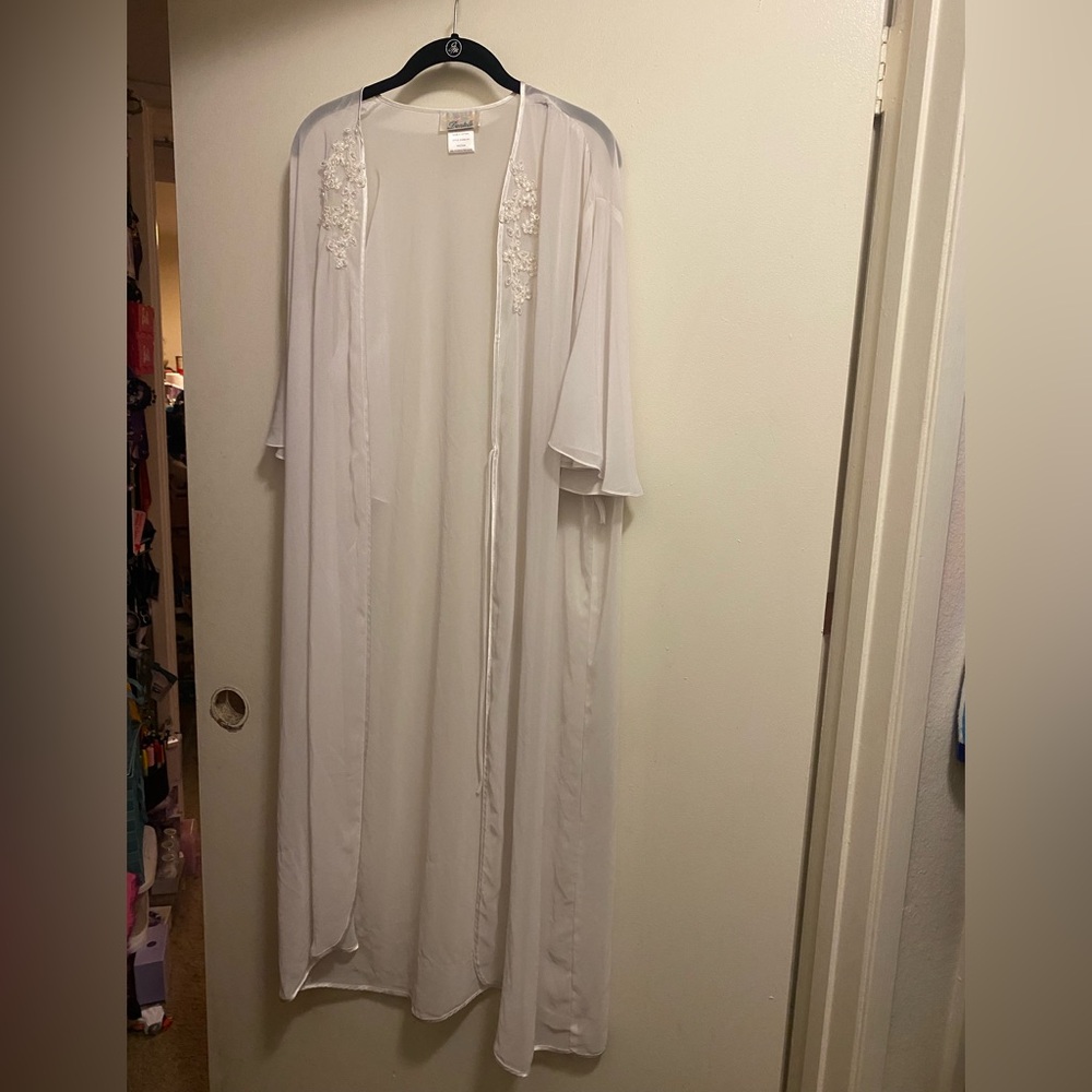 Vintage Dentelle Womens White Sheer Robe M Beaded Lace Applique Collar Bridal